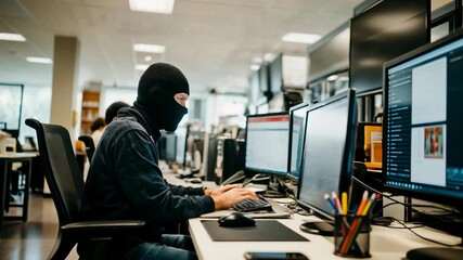 Masked hacker typing code on multiple monitors indoors, symbolizing cybersecurity, hacking, digital crime, technology, business risk, social issues and online threats.