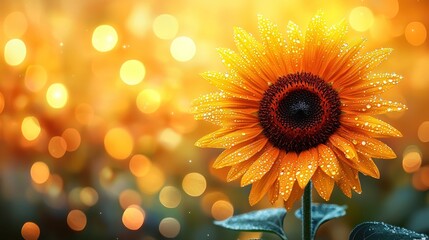 Fototapeta premium Bright sunflower blooms, covered in water droplets, on warm, bokeh-lit background