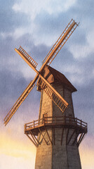 Obraz premium Explore the Beauty of a Historic Windmill Against a Stunning Sunset: A Captivating Symbol of Rural Heritage and Architectural Mastery