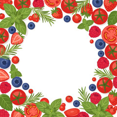 A vibrant circular frame composed of fresh red tomatoes, juicy strawberries, blueberries, raspberries, basil leaves, and rosemary sprigs.