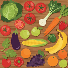 A vibrant overhead view of a diverse assortment of fresh fruits and vegetables on a rustic wooden background.