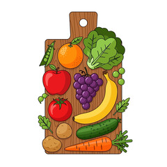 A wooden cutting board displaying a variety of fresh fruits and vegetables.
