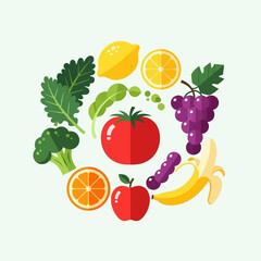 Illustration of fruits and vegetables arranged in a circle.
