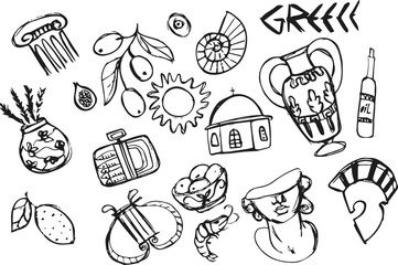 A charming hand-drawn collection of Greek icons — olives, amphorae, temples, and seafood — capturing the spirit of Mediterranean culture. Perfect for travel themes, culinary designs, or historical mot