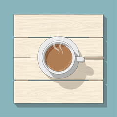 A steaming cup of coffee sits on a light-colored wooden surface, viewed from directly above.
