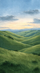 Fototapeta premium Breathtaking Landscape: A Stunning Watercolor Depiction of Rolling Hills Underneath a Serene Sunset Sky