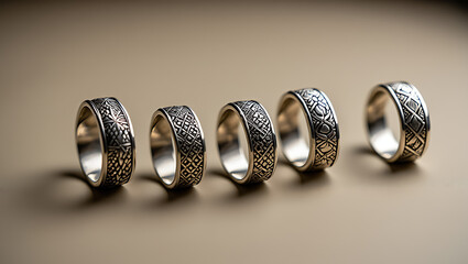 A set of five intricately designed, textured silver rings displayed in a row.