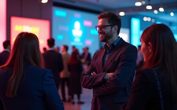 A CEO networking at a corporate event, building connections and fostering relationships with industry leaders and influencers. Generative AI. High quality - Powered by Adobe