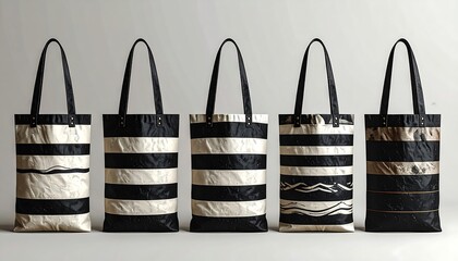 Five vertical tote bags with black handles, featuring black and cream horizontal stripes, each with a unique central design