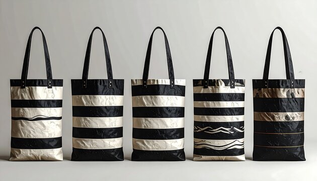 Five vertical tote bags with black handles, featuring black and cream horizontal stripes, each with a unique central design - Powered by Adobe