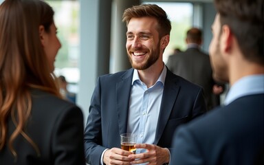 Smiling businessman at a networking event, enjoying drinks and conversation with colleagues.  A successful corporate gathering in a modern setting. High quality