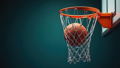 Basketball shot successfully through hoop net. Orange rim holds ball in mesh. Dark teal background creates dramatic sport scene. Score made.