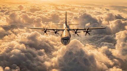 Propeller airplane flying above golden clouds, with sunset light in sky, front view