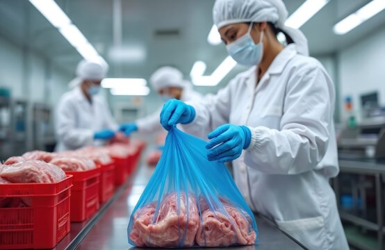 Workers in clean suits pack raw meat on automated production line. Handle fresh cuts destined for consumer sale. Industrial food processing ensures quality, safety standards. Meat factory staff work