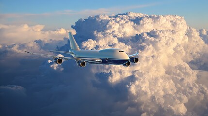 Cargo airplane flying above clouds, with blue sky in background, side view