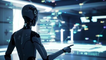 Robot in futuristic lab interacts with holographic data, showcasing AI technology concept - Powered by Adobe