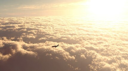 Airplane flying above golden clouds, with sunset light in sky, wide view