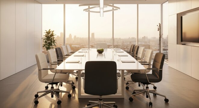 Modern conference room with large windows and city view during sunset in a corporate building - Powered by Adobe