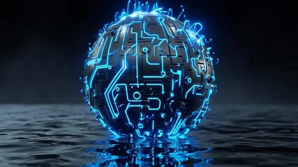 Rotating 3D Metallic Sphere with Neon Blue Circuitry on Reflective Surface Futuristic Design Concept - Powered by Adobe