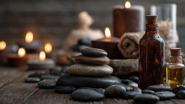 Relaxing spa setup with candles, stones, and essential oils for a calming experience