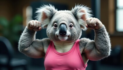 A fluffy koala flexes biceps in a pink top lifting weights , gym, cute koala, australia