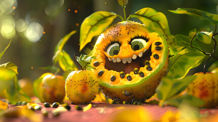 3d passionfruit character cracked open showing
