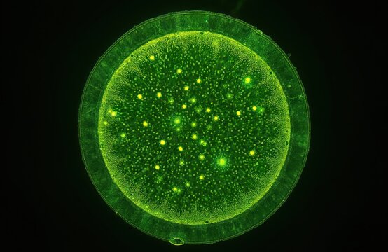 Microscopic view shows green chloroplasts within plant cells. Yellow dots represent energy, light, and biological processes. Detailed structure of plant life and photosynthesis in motion.