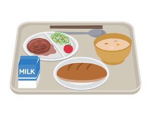 給食　ハンバーグ　シチュー　コッペパン　牛乳　イラスト
