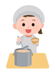 給食当番でシチューを盛り付ける女の子　イラスト