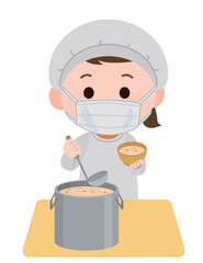 給食当番でシチューを盛り付ける女の子　マスク装着　イラスト