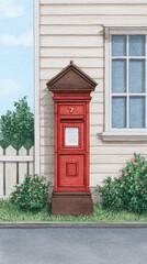 Obraz premium Charming Red Postbox Beside Classic Home: A Beautiful Architectural Detail Perfect for Nostalgic Imagery and Cozy Neighborhood Scenes