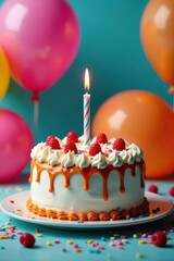 A single lit candle on a delicious birthday cake surrounded by vibrant balloons , birthday, dessert, food