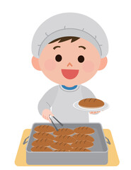 給食当番でパンを盛り付ける男の子　イラスト
