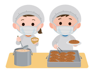 給食当番で盛り付ける女の子と女の子　マスク装着　イラスト
