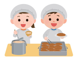 給食当番で盛り付ける女の子と女の子　イラスト