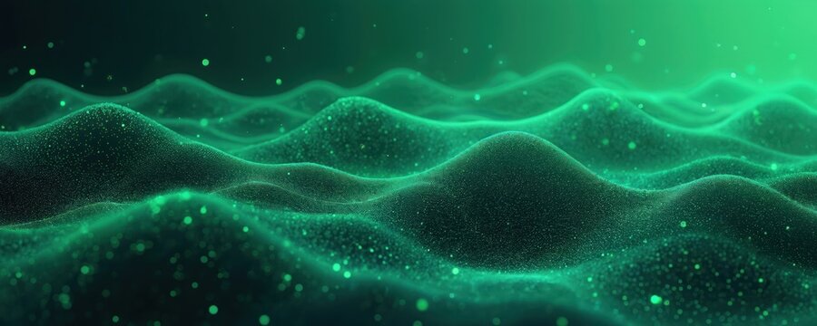 Abstract green digital landscape with glowing particles forms waves. Futuristic topography map design suggests data flow, network connections. Represents virtual terrain, environmental tech concepts.