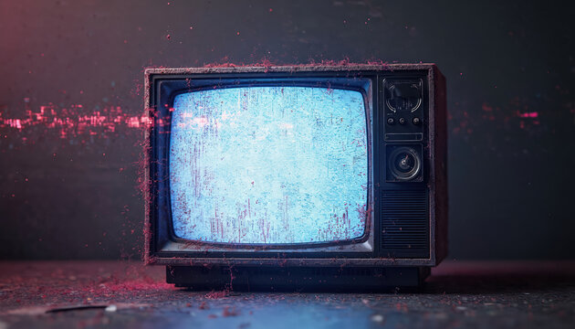 Old analog TV sits in dark space. Screen shows blue static, white noise. Red digital particles, glitches explode from vintage television. Broken display signal loss, technology decay, bad broadcast