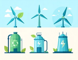 Flat illustration depicting alternative energy sources wind turbines, biofuel, and a geothermal energy facility