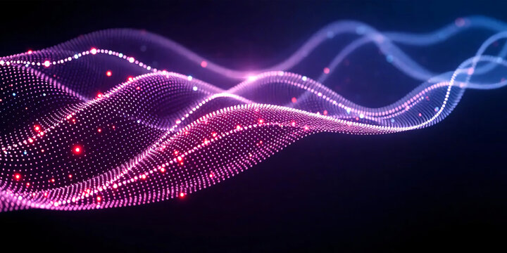 Abstract technology wallpaper, futuristic digital background with glowing blue and purple gradient, flowing data lines and particle waves, cyber network.