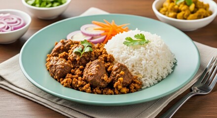 Delicious Asian Meal with Meat Curry, Rice, Vegetables, and Side Dishes