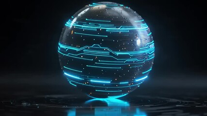 A futuristic 3D sphere with glowing blue digital data circuits, representing rotating global networks and advanced technology concepts - Powered by Adobe