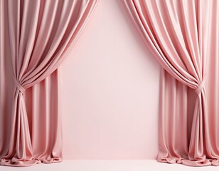 Pink satin curtains tied back on either side of a pale pink wall. Soft folds of fabric gathered at the bottom. Empty space for text or graphics. Elegant drapery creating a minimalist backdrop.