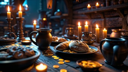 close-up 3d render of a wooden tavern table with mugs, bread, candles and scattered coins. detailed medieval fantasy still life with warm lantern lighting.