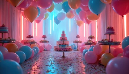 Festive room filled with colorful balloons and confetti. Tiered cakes and treats displayed on stands. Soft neon lights create a vibrant, celebratory atmosphere for parties and events.