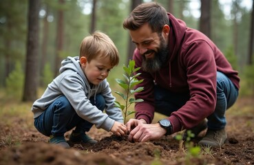 Father and son plant young tree together in forest. Child helps dad nurture sapling, learn about nature conservation. Outdoor family activity fosters bonding and growth.