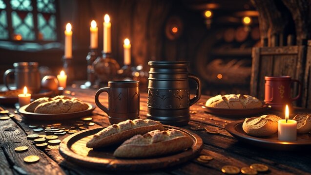 close-up 3d render of a wooden tavern table with mugs, bread, candles and scattered coins. detailed medieval fantasy still life with warm lantern lighting.