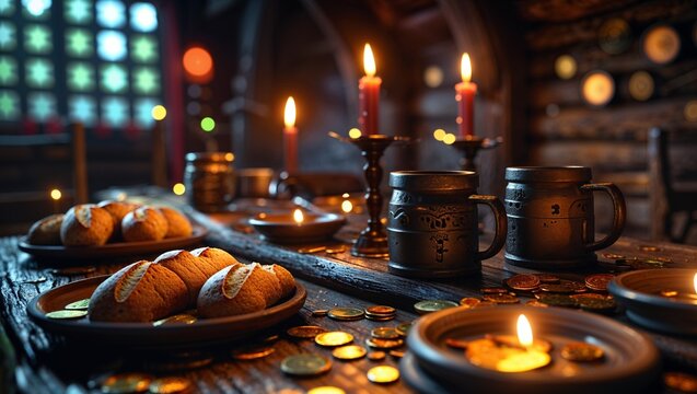 close-up 3d render of a wooden tavern table with mugs, bread, candles and scattered coins. detailed medieval fantasy still life with warm lantern lighting.