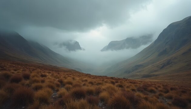 Misty Scottish highlands landscape with mountains shrouded in fog. Dry grass covers valley floor, creating moody, atmospheric scene. View extends into distance, hinting at unexplored terrain, wild