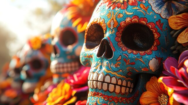 Decorated skulls with intricate floral designs in bright, colorful settings - Powered by Adobe