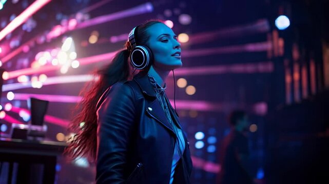 Female DJ performing with bright neon lights and laser beams, showcasing energy, creativity, and futuristic nightlife culture.